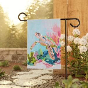 Beachy Sea Theme Garden Flag, Sea Turtle Painting Flag, Sea Theme Decor, Outdoor Banner, Beach House Decoration, Coastal Garden Art Flag