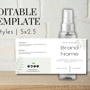 May include: Editable template for a product label with a white background and green leaves. The label includes space for the product name, ingredients, scent name, and size. The label is 5 inches by 2.5 inches.