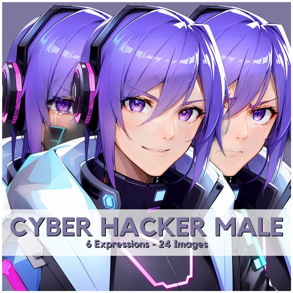 PNGTuber Cyberpunk Hacker Männlich Vorgefertigte Vtuber Charakter | 6 Ausdrücke | Für Streamer, Content-Ersteller | Kompatibel mit Veadotube