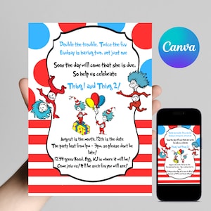 Könnte beinhalten: Ein rot-weiß gestreifter Hintergrund mit blauen Punkten. Der Text lautet "Double the trouble. Twice the fun. Lindsay is having two, not just one. Soon the day will come that she is due, so help us celebrate Thing 1 and Thing 2!"  August is the month. 12th is the date. The party lasts from 1pm - 3pm, so please don't be late! 1234 Green Road, Egg, NJ is where it will be! Come join us! It'll be such fun you will see!"
