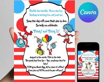 Thing 1 and Thing 2 baby shower Invitation - Party Invite - Digital Download - Canva edit - Kids Invitation