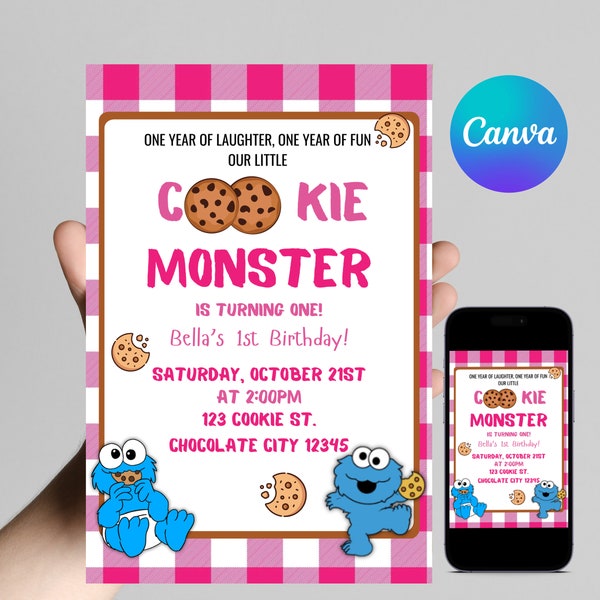 Editable Girl Cookie Monster Invitation Template - Kids Birthday Invitation - First Birthday - Canva - Printable - Digital - 4x6 Invite