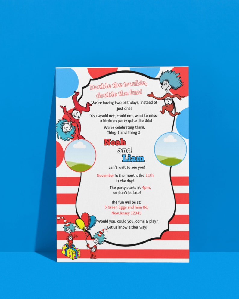 Thing 1 and Thing 2 birthday Invitation Birthday Party Invite Digital Download Add Your Own Image Kids Invitation 画像 6