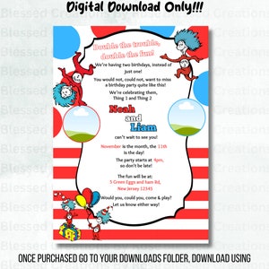 Thing 1 and Thing 2 birthday Invitation Birthday Party Invite Digital Download Add Your Own Image Kids Invitation image 5