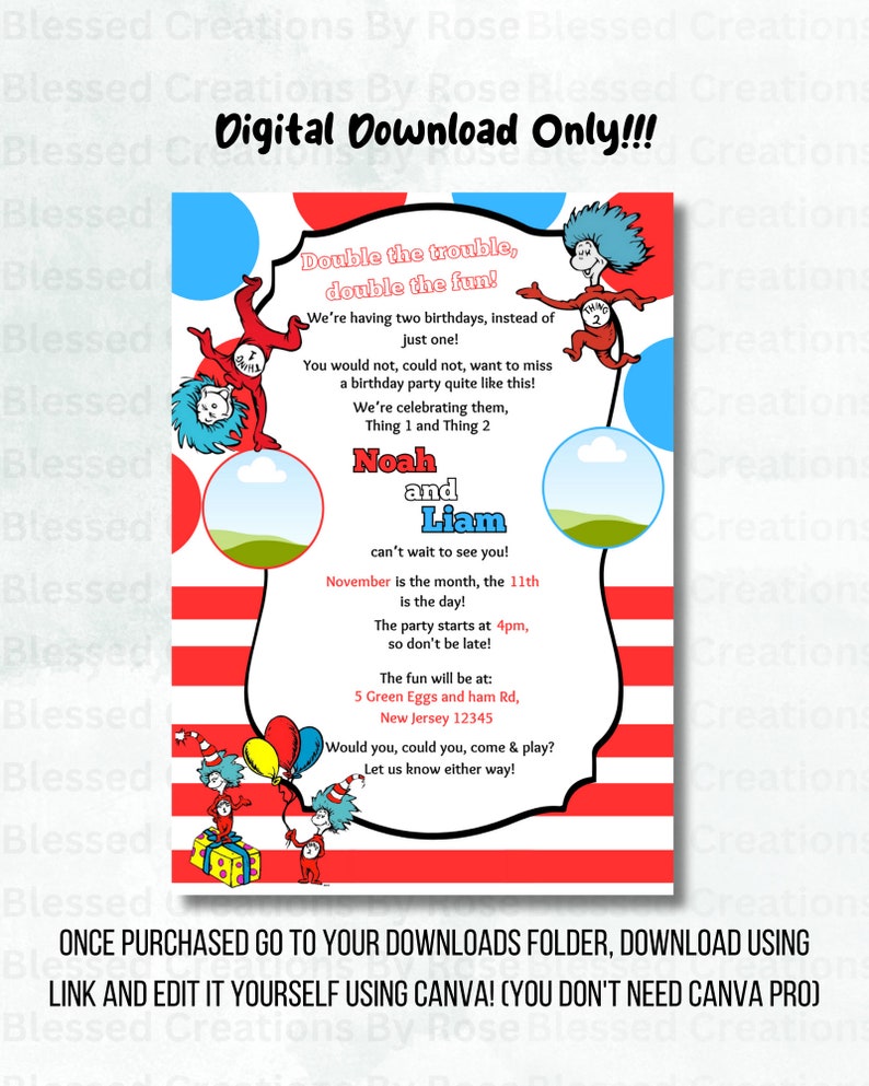 Thing 1 and Thing 2 birthday Invitation Birthday Party Invite Digital Download Add Your Own Image Kids Invitation 画像 5