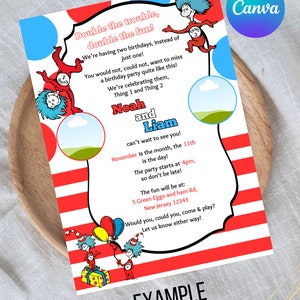 Thing 1 and Thing 2 birthday Invitation Birthday Party Invite Digital Download Add Your Own Image Kids Invitation 画像 2