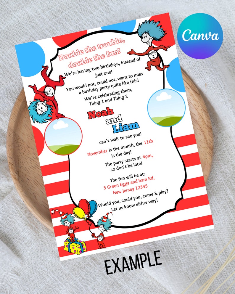 Thing 1 and Thing 2 birthday Invitation Birthday Party Invite Digital Download Add Your Own Image Kids Invitation 画像 2