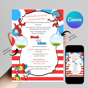 Thing 1 and Thing 2 birthday Invitation Birthday Party Invite Digital Download Add Your Own Image Kids Invitation 画像 1