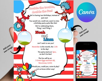 Thing 1 and Thing 2 birthday Invitation - Birthday Party Invite - Digital Download - Add Your Own Image - Kids Invitation