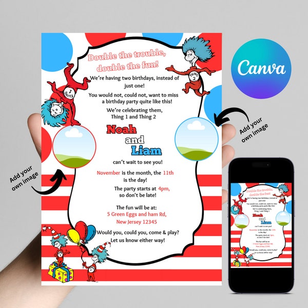 Thing 1 and Thing 2 birthday Invitation - Birthday Party Invite - Digital Download - Add Your Own Image - Kids Invitation