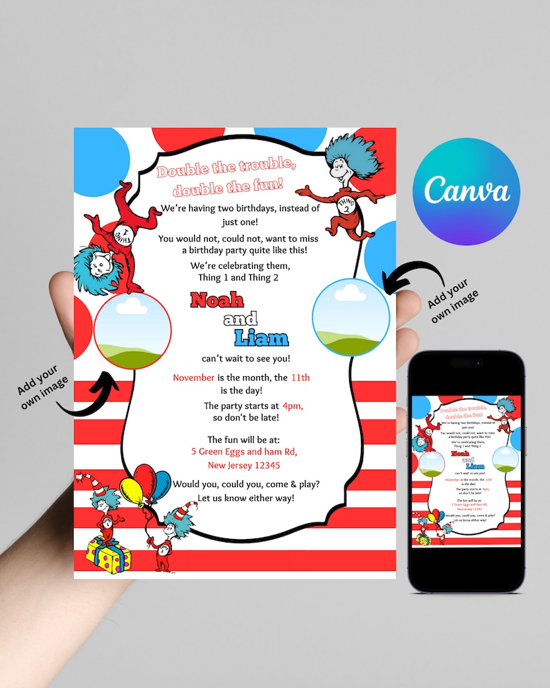 Thing 1 and Thing 2 birthday Invitation Birthday Party Invite Digital Download Add Your Own Image Kids Invitation 画像 1