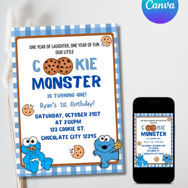 Editable Cookie Monster Invitation Template - Kids Birthday Invitation - First Birthday - Canva - Printable Birthday Party Invite - Digital