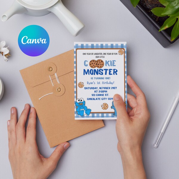 Editable Cookie Monster Invitation Template - Kids Birthday Invitation - First Birthday - Canva - Printable - Digital - 4x6 Invite