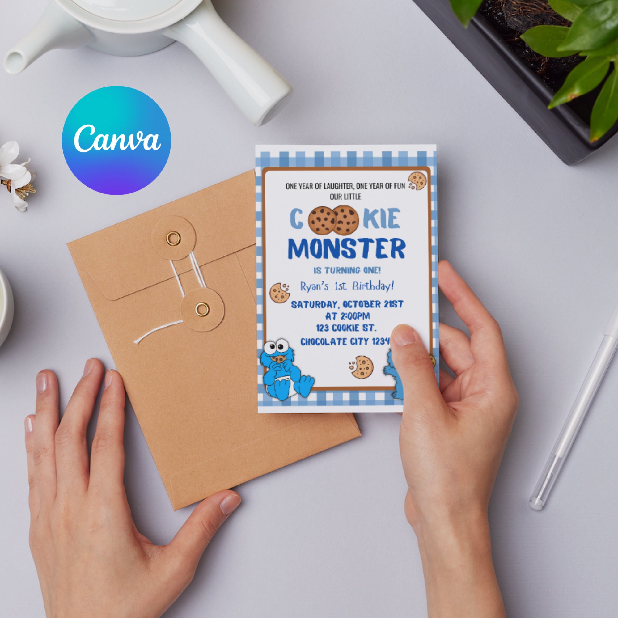 Editable Cookie Monster Invitation Template Kids Birthday Invitation First Birthday Canva Printable Digital 4x6 Invite