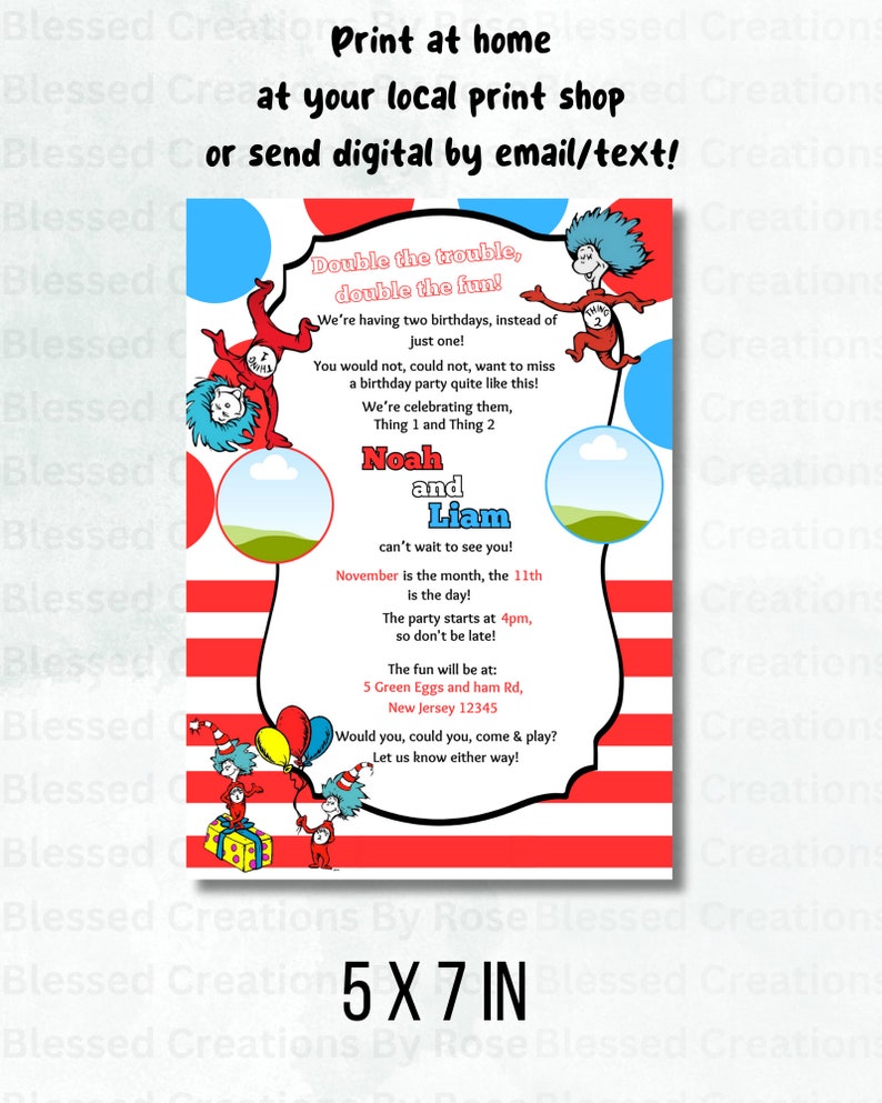 Thing 1 and Thing 2 birthday Invitation Birthday Party Invite Digital Download Add Your Own Image Kids Invitation 画像 4