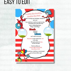 Thing 1 and Thing 2 birthday Invitation Birthday Party Invite Digital Download Add Your Own Image Kids Invitation 画像 3