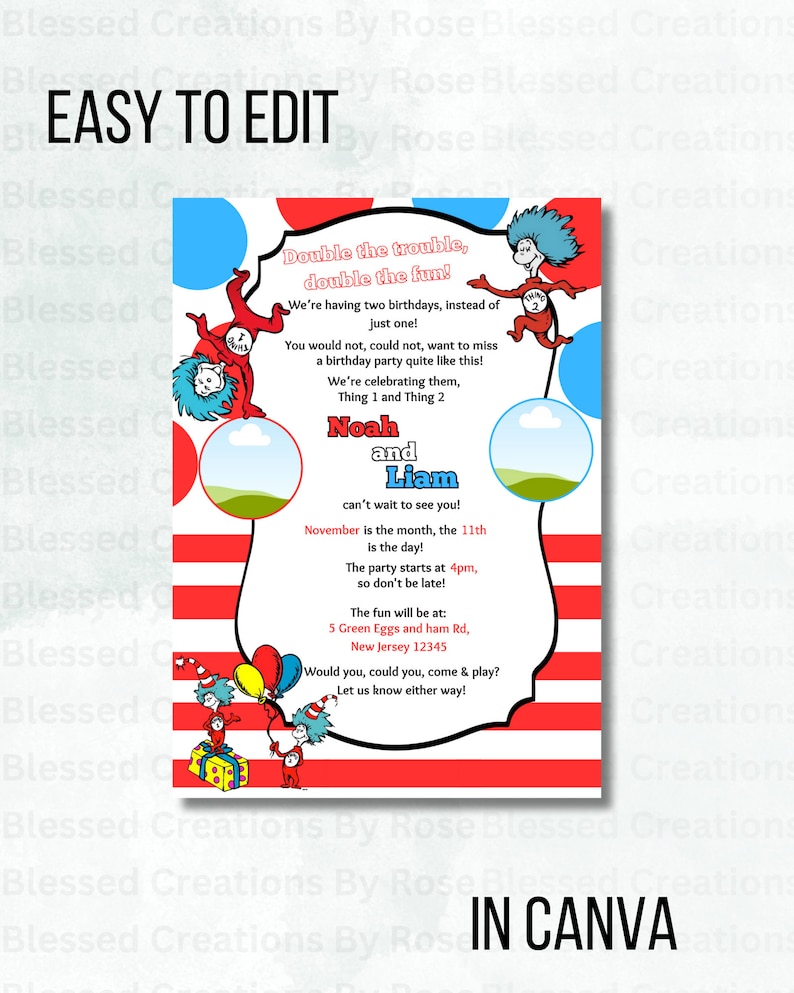 Thing 1 and Thing 2 birthday Invitation Birthday Party Invite Digital Download Add Your Own Image Kids Invitation 画像 3