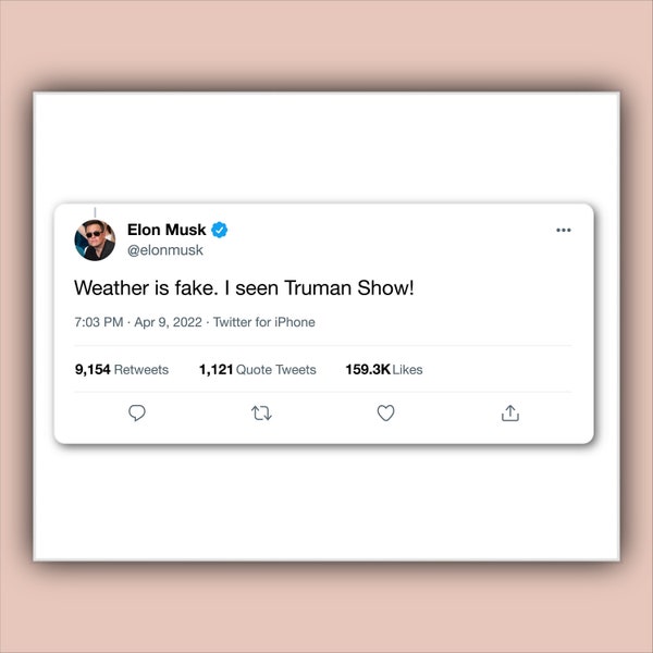 Elon musk tweet 1.121 (print) - celebrity quote wall art; twitter poster; premium quality print; 'weather is fake. i seen truman show!'