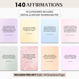 May include: Digital download of 140 affirmations across 14 categories. Each card features a positive statement for self-improvement. Includes a free daily affirmation page. The cards are in various pastel colors.