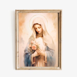 Blessed Virgin Mary Watercolor art, Mary our Mother, Bible Wall Art, Printable Christian Faith, Christian Catholic Home Decor Print
