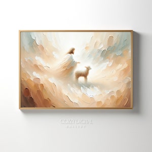Jesús deja los 99, parábola de la oveja perdida, buen pastor, arte de la pared horizontal de la Biblia, arte de la fe cristiana impresión de decoración del hogar