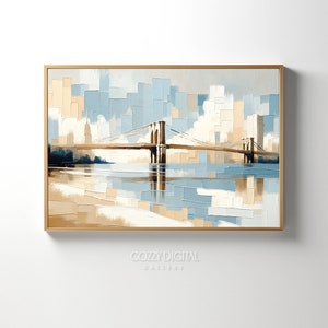 Vintage NY Brooklyn Bridge Oil Painting, Brooklyn Bridge Water, NY New York, Cityscape Landscape Painting, Printable Download Home Decor