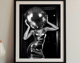 Disco Ball Girl Poster Home Decor, Girly Dorm Room Art, Funky Disco 70s Print, B&W Wall Art, Digital Artwork, Luxury Mirrorball Printable