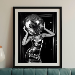 Disco Ball Girl Poster Home Decor, Girly Dorm Room Art, Funky Disco 70s Print, B&W Wall Art, Digital Artwork, Luxury Mirrorball Printable