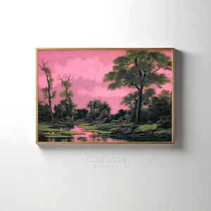 Pink & Green Surreal Landscape Vintage Oil Painting, Maximalist Moody Wall Art, Dark Academia Eclectic Printable Download Home Decor Print