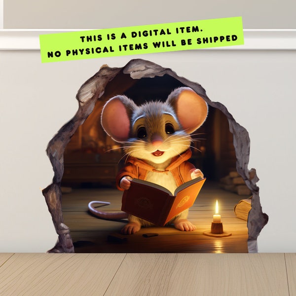 3D muis leesboek in muisgat, afdrukbare muur sticker sticker, muur decor, plint of muur sticker sticker, instant digitale download