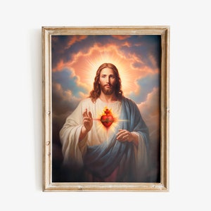The Sacred Heart of Jesus, Jesus Wall Art painting, Farmhouse Wall Decor, Bible Verse Wall Art, Printable Wall Art Christian Home Print