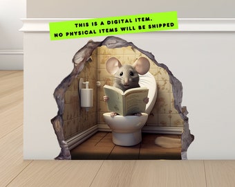 3D Mouse Reading Book in the toilet, Wc Mouse Printable Wall Decal Sticker, Wall Decor, Baseboard Sticker Decal,Digital DOWNLOAD NOT SHIPPED