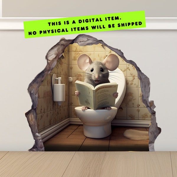 3D muis leesboek in het toilet, wc muis afdrukbare muur sticker sticker, muur decor, plint sticker sticker, digitale DOWNLOAD NIET VERZONDEN