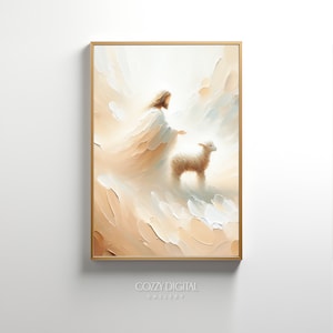 Jesús deja los 99, parábola de la oveja perdida, buen pastor, arte de la pared horizontal de la Biblia, arte de la fe cristiana impresión de decoración del hogar