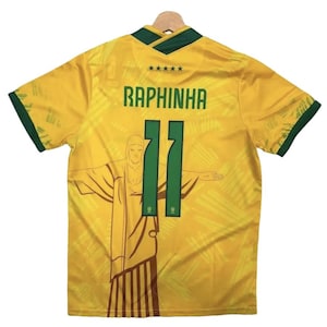 Brazil Cristo Redentor Yellow Raphinha Adult Soccer Jersey - Number 11, Yellow Colorway, Unique Design