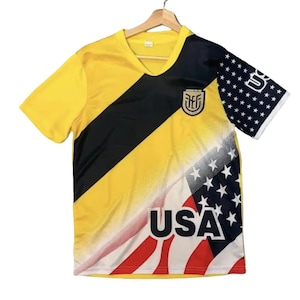 Half Ecuador Half USA Adult Soccer Jersey Yellow Black with USA Flag Design