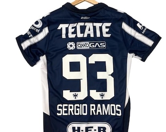 Sergio Ramos Size Medium Monterrey Adult Home Jersey - Navy Blue with White and White Vertical Stripes, Short Sleeves, and Club Patch Design