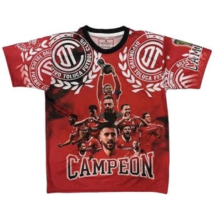 Red Toluca Campeon Adult Soccer Jersey - Celebrate the Victory with Team Pictures and Bold Red Design