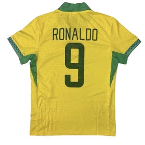 Ronaldo Nazario Brazil Yellow and Green Soccer Adult Jersey with Name Ronaldo and Number 9