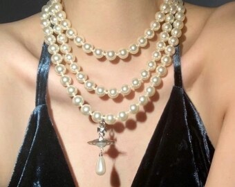Collar Collar Vivienne Westwood perlas góticas oro y plata Vintage UFO Staurne perla de 3 capas