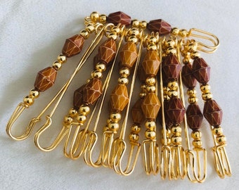 Gold Steel Safety pins set of 12 Gold and brown bead pins 1.6 inch