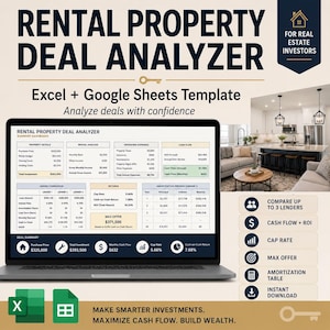 May include: A laptop screen shows a "Rental Property Deal Analyzer" template with financial data. The image includes icons for comparing lenders, cash flow, cap rate, and amortization. The text reads "Excel + Google Sheets Template" and "Analyse deals with confidence".