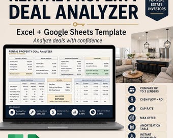 May include: A laptop screen shows a "Rental Property Deal Analyzer" template with financial data. The image includes icons for comparing lenders, cash flow, cap rate, and amortization. The text reads "Excel + Google Sheets Template" and "Analyse deals with confidence".