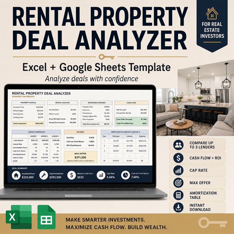 K&ouml;nnte beinhalten: Ein Laptop zeigt eine Vorlage f&uuml;r einen "Rental Property Deal Analyzer". Der Bildschirm zeigt Finanzdaten, einschlie&szlig;lich Kaufpreis, monatlichem Cashflow und Kapitalisierungsrate. Das Bild enth&auml;lt auch Symbole f&uuml;r Vergleich, Cashflow, Kapitalisierungsrate und Amortisation.
