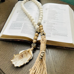 Open Ended Blessing Beads with Oyster Shell and Tassel, Gratitude Beads, Prayer Beads, Welcome Beads, Coastal Beach Decor, Oyster Decor