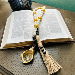 Open Ended Blessing Beads with Oyster Shell and Tassel, Gratitude Beads, Prayer Beads, Welcome Beads, Coastal Beach Decor, Oyster Decor