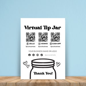 Virtual Tip Jar Template, QR Code Sign, Social Media Sign, Zelle Sign, Venmo Sign, CashApp Sign , Editable Canva Template, Instant Download