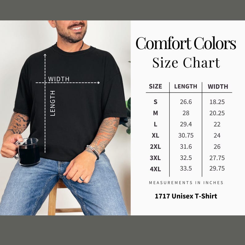 May include: Black unisex t-shirt with a size chart. The chart shows measurements in inches for sizes S to 4XL. The t-shirt is labeled as 1717 Unisex T-Shirt. The model is wearing the t-shirt.