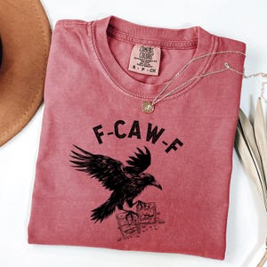 May include: A dusty rose-colored t-shirt with a black graphic of a crow and the text "F-CAW-F". The shirt has a crew neck and short sleeves. A silver necklace with a small pendant is draped across the shirt.
