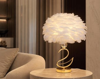 Luxury Handmade Goose Feather Table Lamp, Handmade Swan-Shaped Gold Bedside Light, 3-Color LED Bedroom Lamp, Pink White or Red